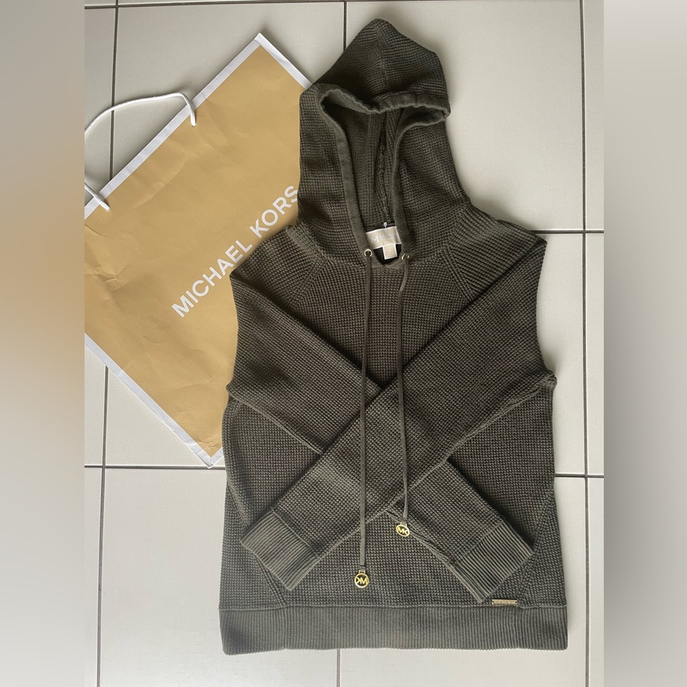 MICHAEL Michael Kors Waffle Knit Hooded Sweater Army Green|Medium | Women’s
